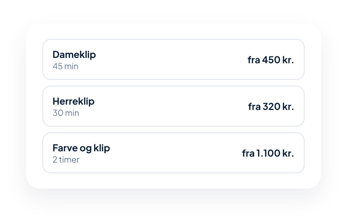 Eksempel på en liste med tre behandlinger, varighed og pris
