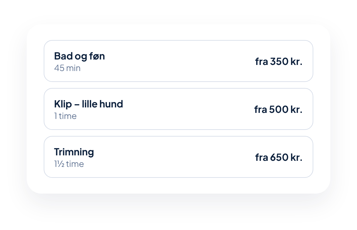 Eksempel på en liste med tre behandlinger, varighed og pris