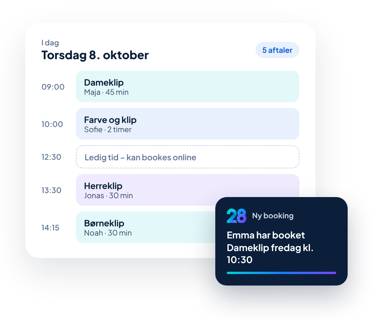 Eksempel på dagens kalender med fem aftaler og en ny booking